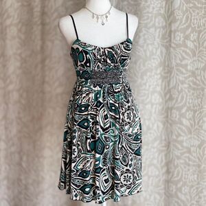 Vintage Y2K Ruby Rox Coconut Girl Beaded Party Dress Green Tribal Print Size S